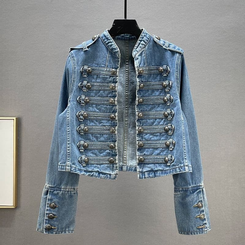 European Style Denim Jacket for Women 2026 Spring Autumn New Trendy Slim Fit Button Decor Stand Collar Long Sleeve Short Coat