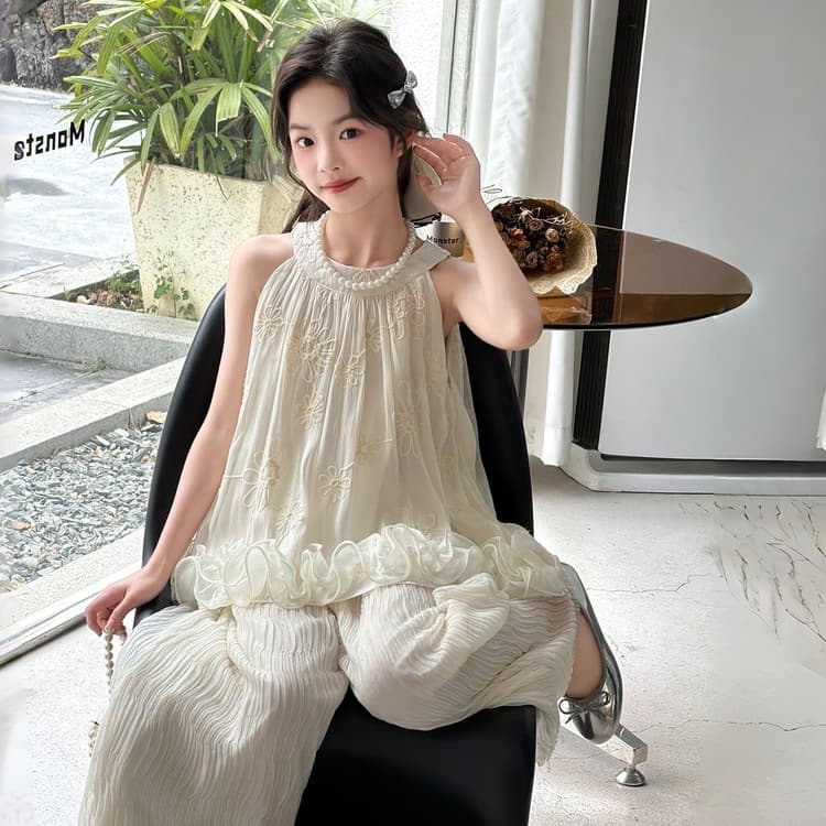 Korean-Style Fairy Sleeveless Embroidered Top and Wide-Leg Pants Two-Piece Set for Girls 2026 Summer Trendy Chic Outfit
