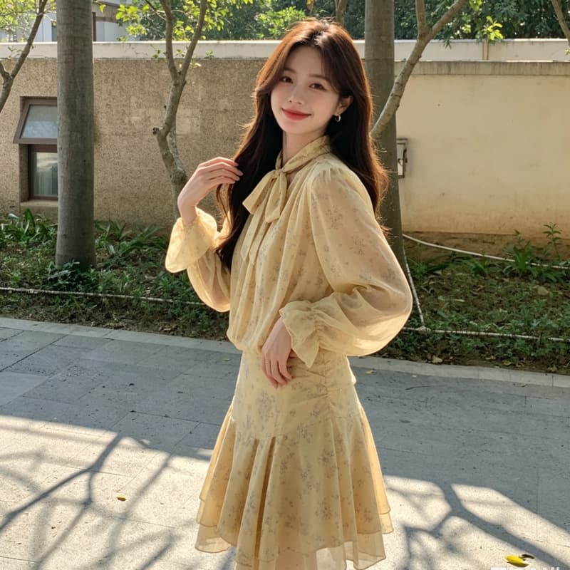 French Romantic Floral Print Dress for Women 2026 Summer New Design Bow Elegant Vacation Dress Light Yellow