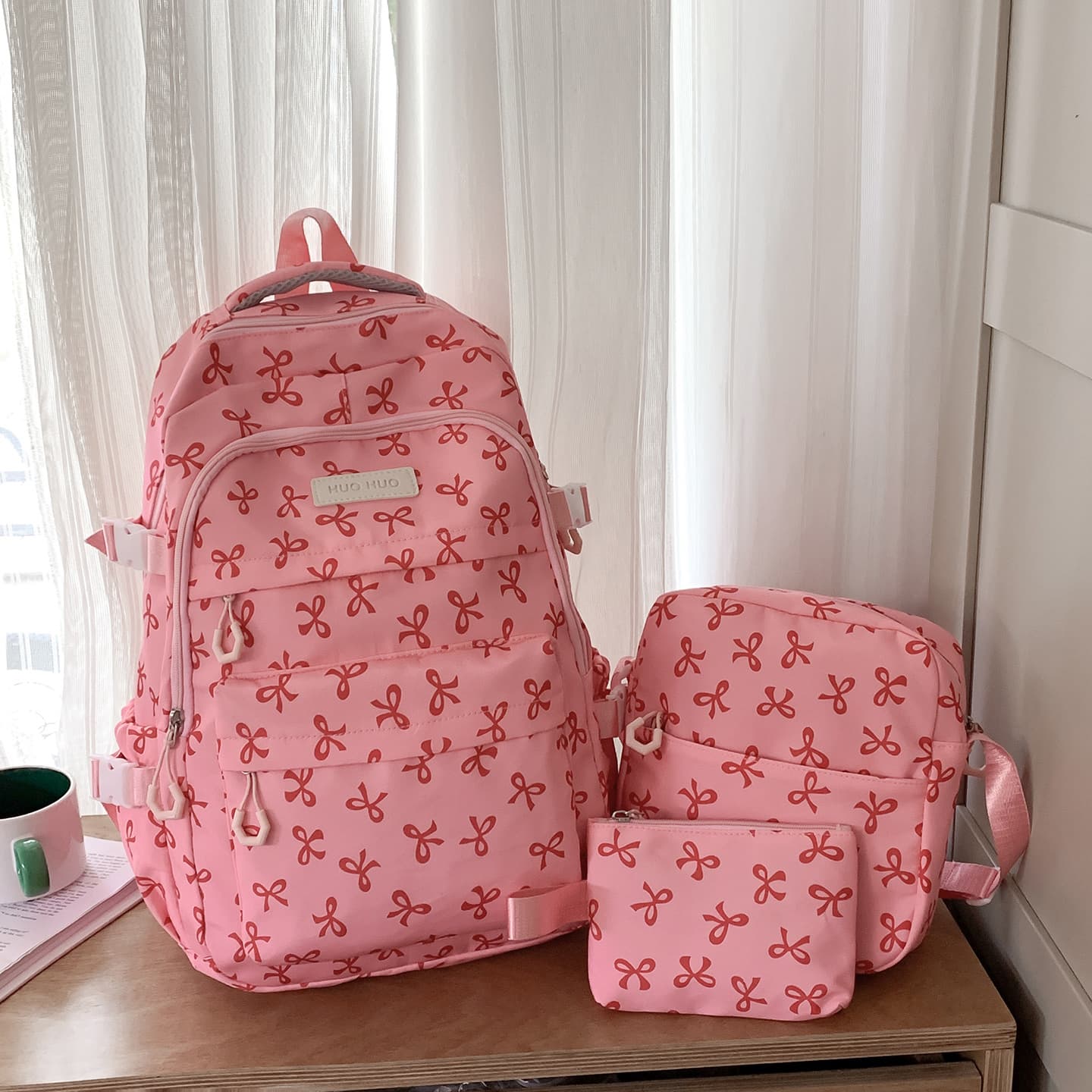 Backpack Set 3PCS Bow Tie Double Shoulder Bag Large Capacity Student Schoolbag Girl Style Backpack