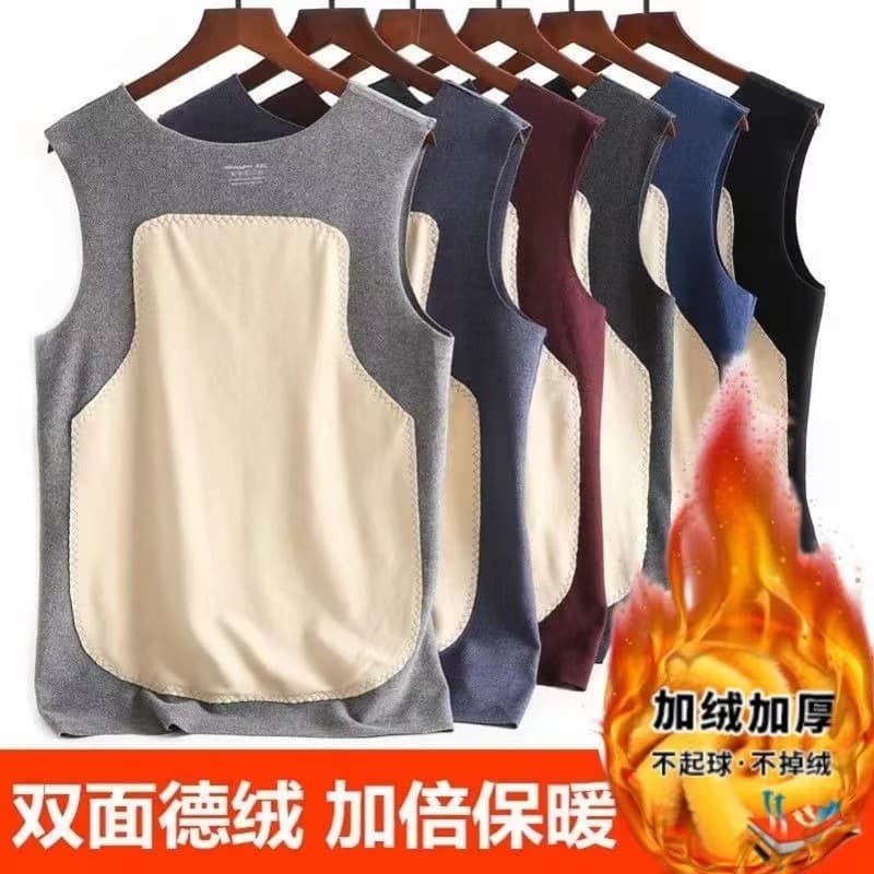 Seamless thermal vest for men, autumn and winter, fleece-lined, silk patchwork, brushed, inner wear, sleeveless t-shirt, vest