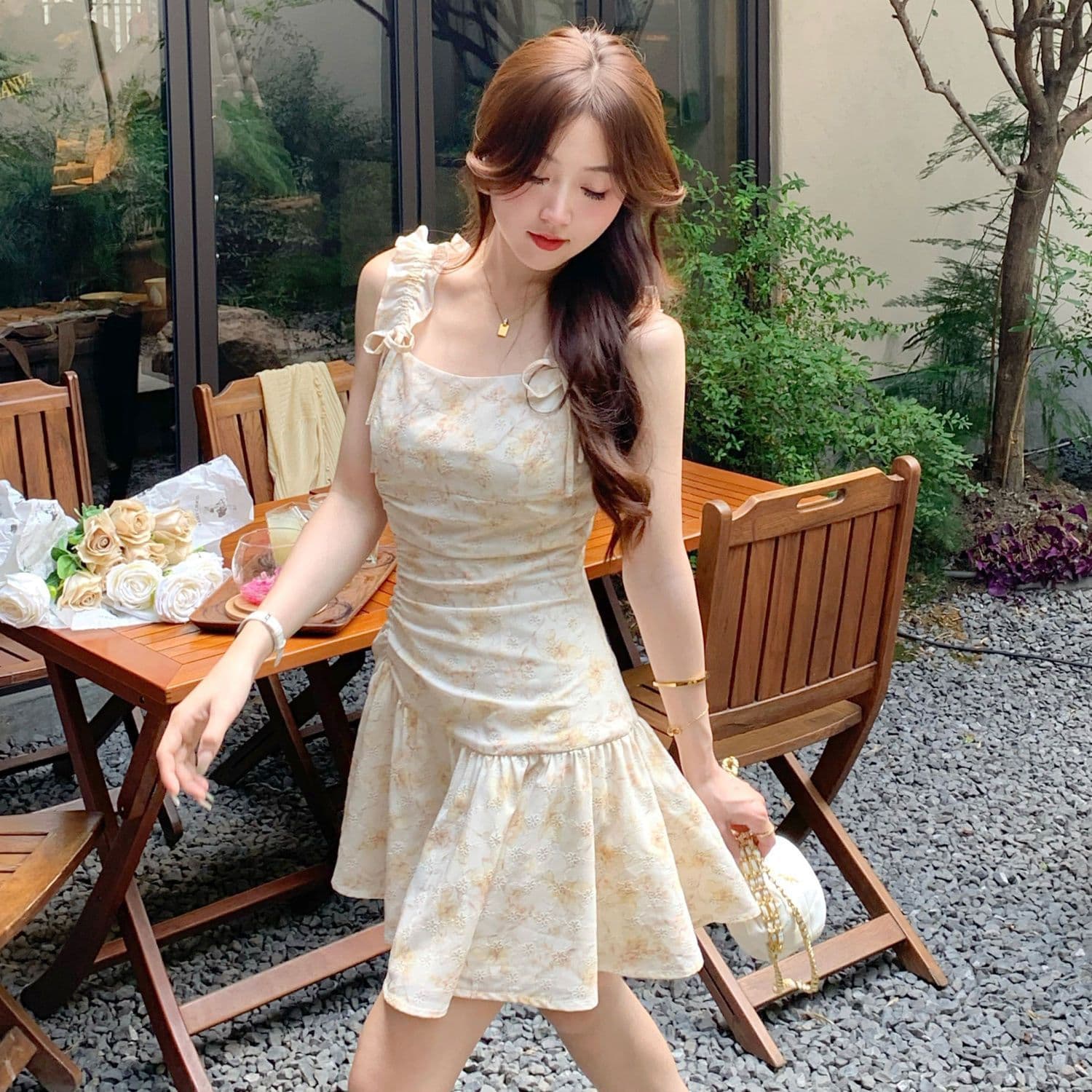 French style suspenders new floral dress women's summer waist slimming suspender skirt short skirt for small people