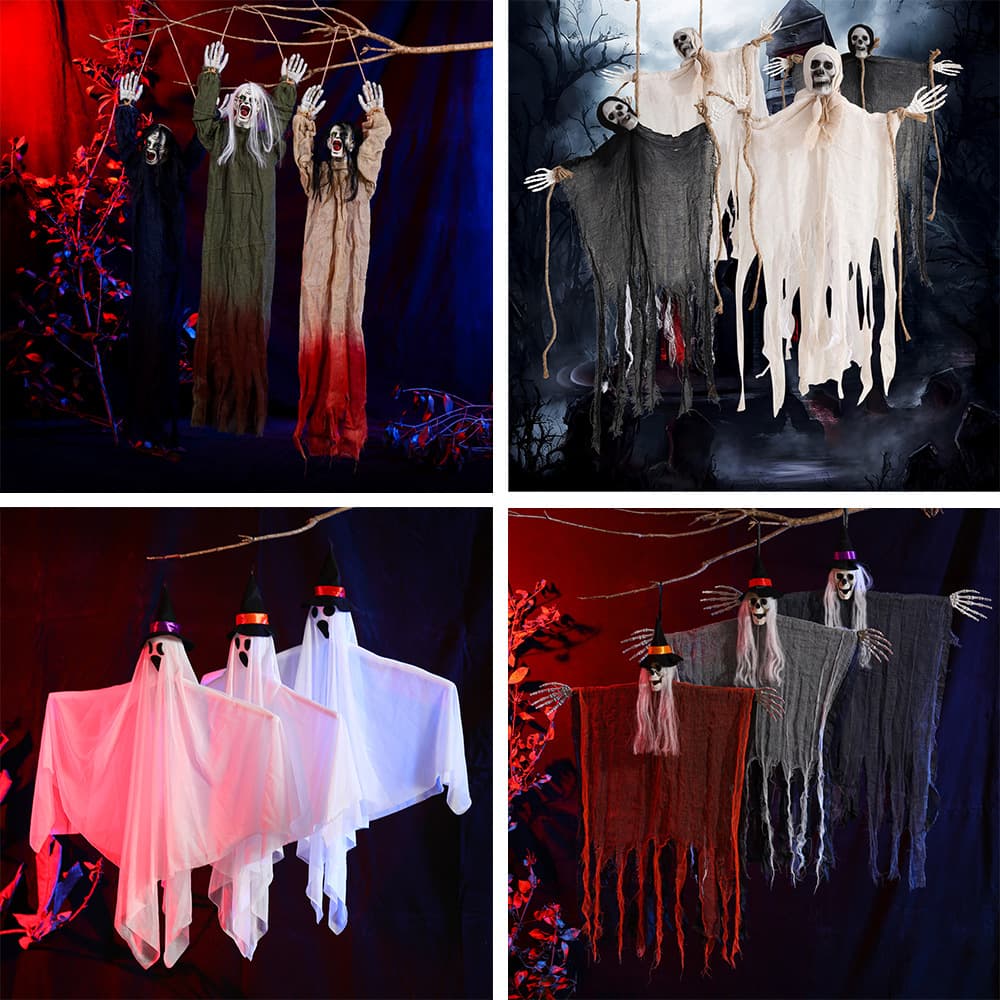 Cross-border Halloween hanging ghost three-headed skull gauze hanging ghost secret room haunted house courtyard hanging decorations horror layout props