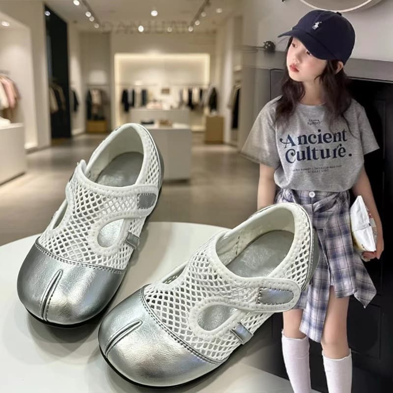 2026 Summer New Children's Mesh Split-Toe Shoes Japanese Style Soft Sole Girls' Flat Hollow Mary Jane Shoes