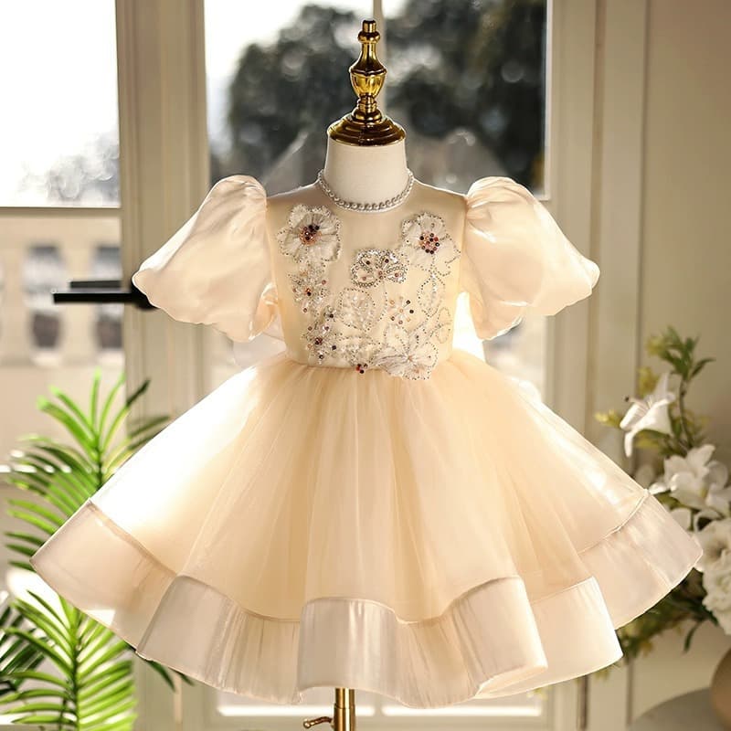 Children's Princess Dress 2026 New Style Champagne Color Puff Sleeve Tulle Ball Gown for Girls Birthday Party