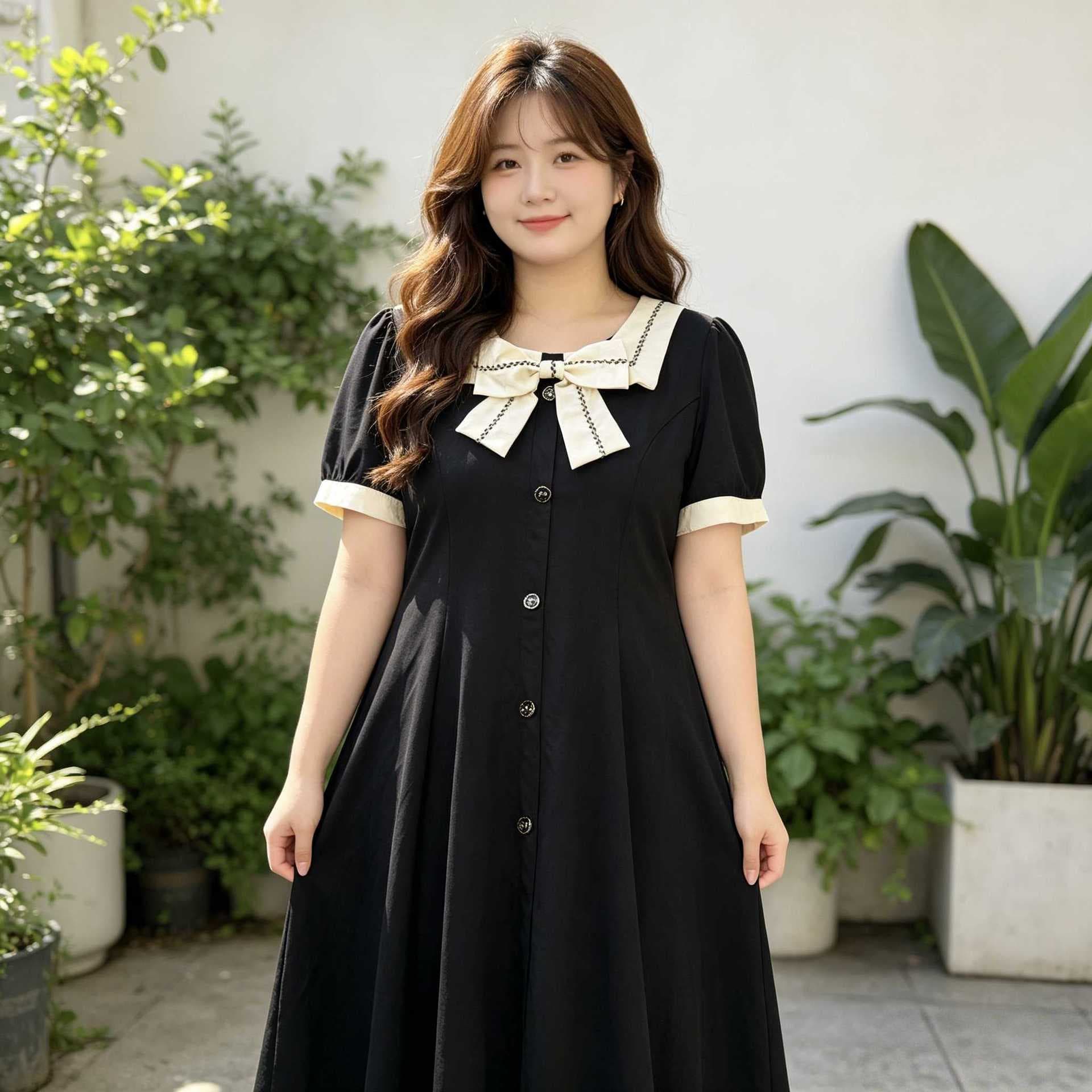 Plus Size Summer Dress with Doll Collar, Bowknot, Waist-Cinching, Slimming, and Elegant Little Black Dress 1525#