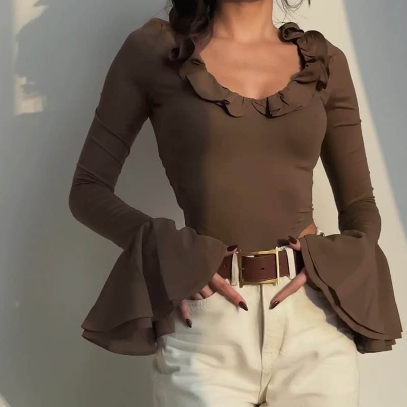 Cross-Border Women's Clothing 2025 Winter U-Neck Bell Sleeve T-Shirt Fashionable Slim Fit Crop Top Long Sleeve Women's Top