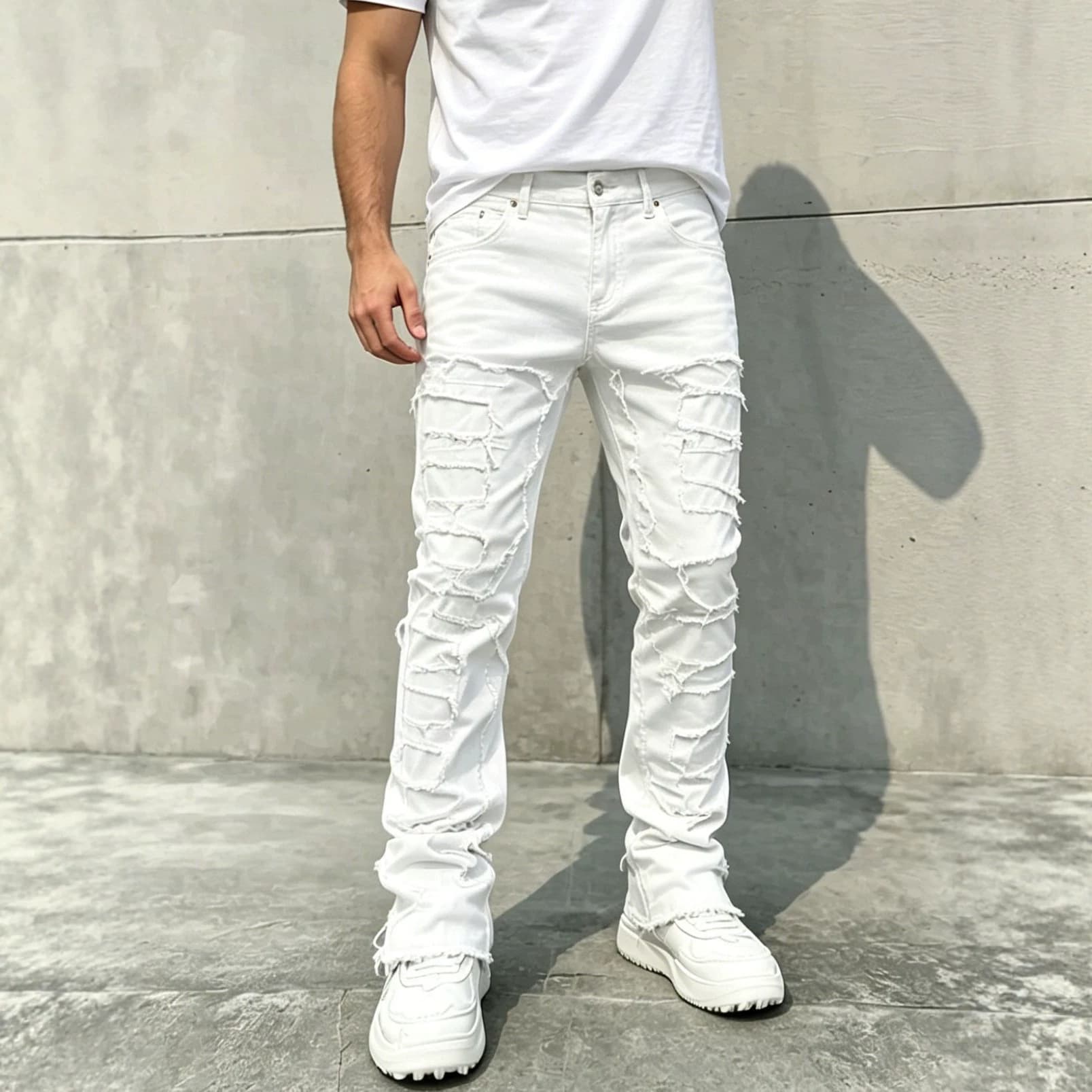 HME European and American Cross-border Men's Jeans Trendy High Street Heavy Patchwork Slim Fit Stretchy Micro Flare Pants