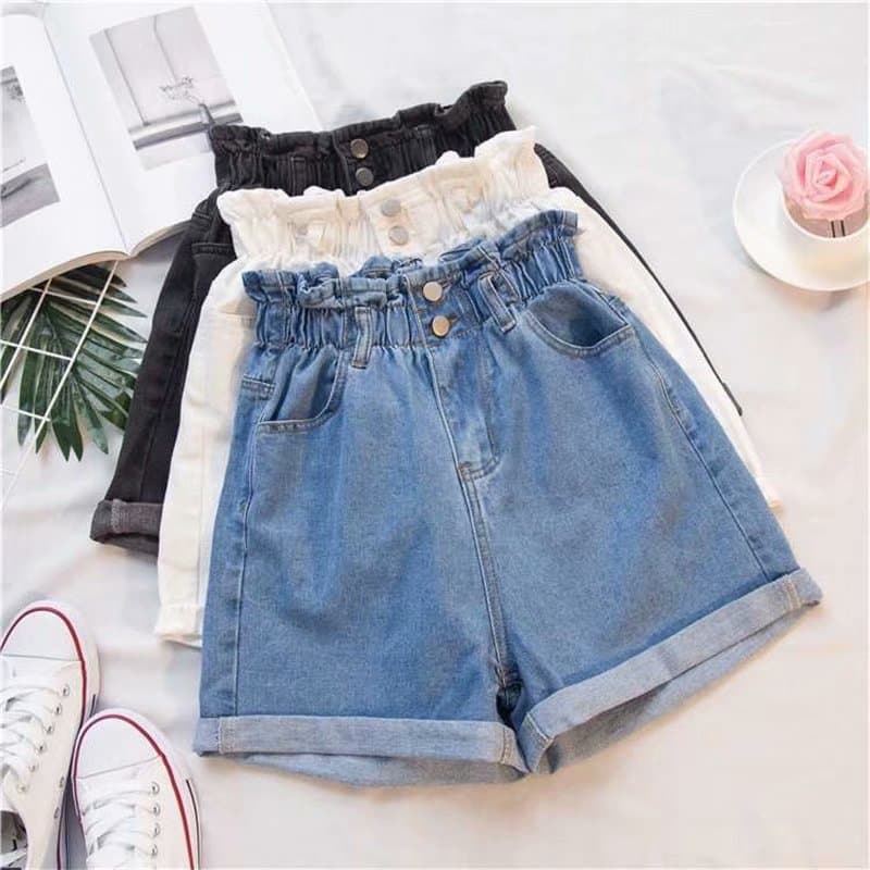 Women's Denim Shorts Summer Korean Style Elastic Waist Straight Loose Fit Slimming High Waist Rolled Hem A-Line Wide Leg Hot Pants