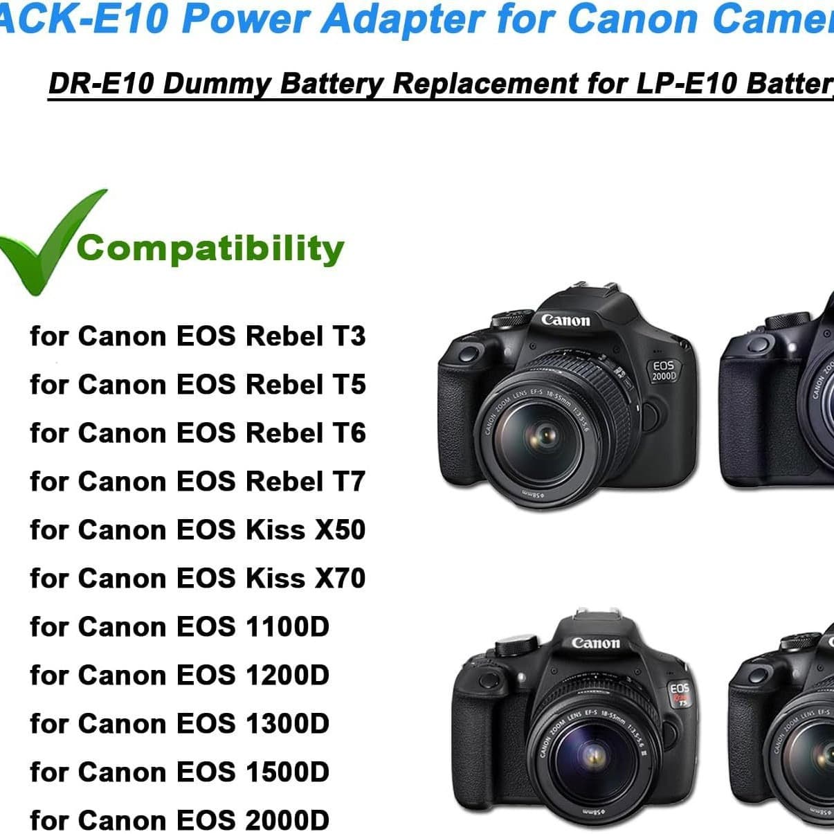 ACK-E10 AC Adapter for Canon 1100D 2000D 1500D DSLR Camera External Power Supply LP-E10 Dummy Battery