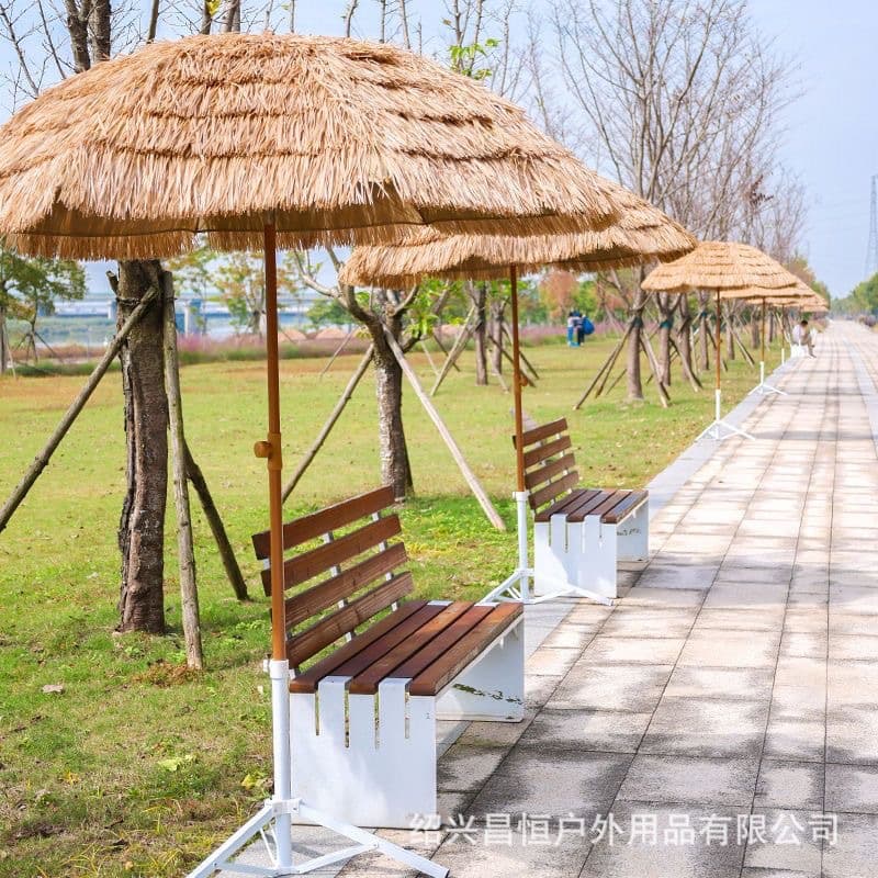 Outdoor Simulation Straw Umbrella Beach Courtyard Sunshade Waterproof Polyester Fabric Steel Frame Large Manual Opening