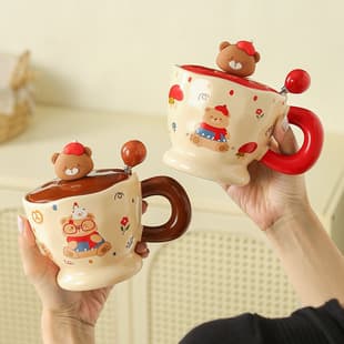 Cute Cartoon Bear Ceramic Mug with Lid and Spoon, High Appearance Coffee Cup, Birthday Gift for Men and Women