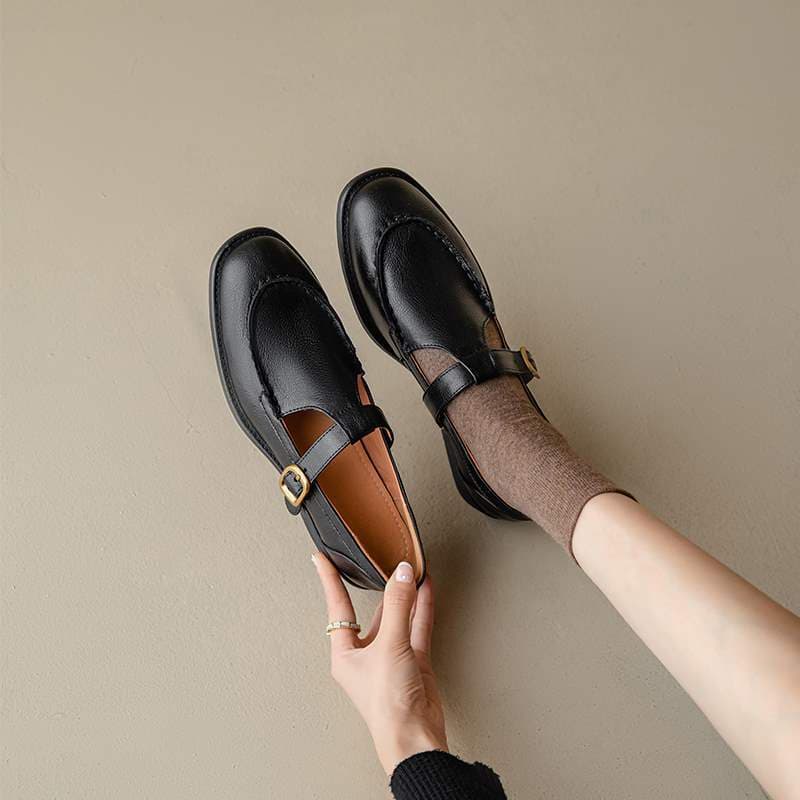 British Style Leather Mary Jane Shoes for Women, Round Toe, Chunky Heel, Versatile School T-Strap Flats, Vintage Genuine Leather Low Heel