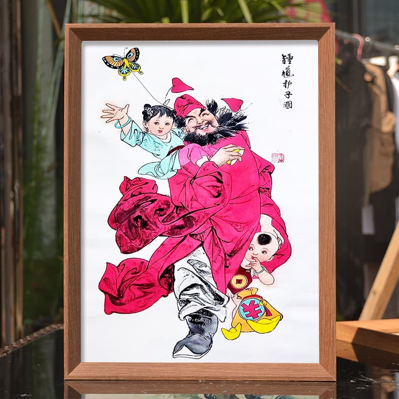 Heavenly Master Zhong Kui Child Protection Portrait, Home Children's Room Hanging Art, "Holding Child" Desktop Frame Display Decoration