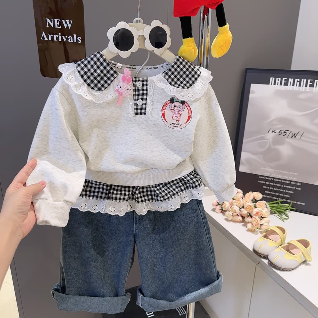 Labubu Girls Spring and Autumn 2026 New Fashionable Girls' Short-sleeved Polo Shirt Children's Plaid Lapel Sweater