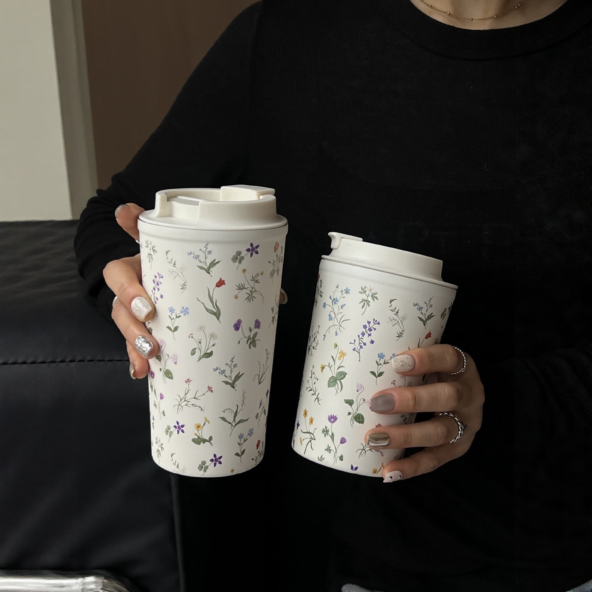 Floral Pattern Coffee Cup High-End Insulated Mug 350ml/450ml Japanese Light Luxury Water Cup