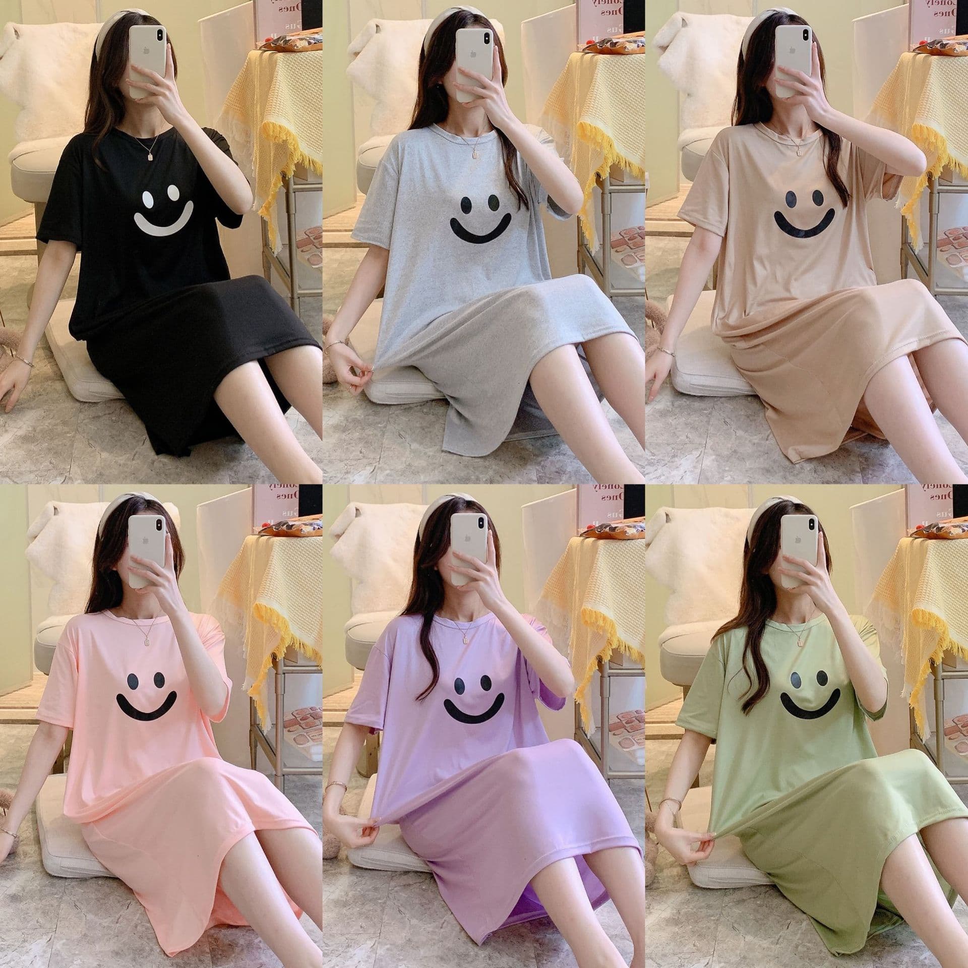 Internet Celebrity Live Broadcast Popular Short-Sleeved Nightgown for Women Summer Mid-Length Over-The-Knee Casual Large Size Loose Pure Color Smiley Home Clothes