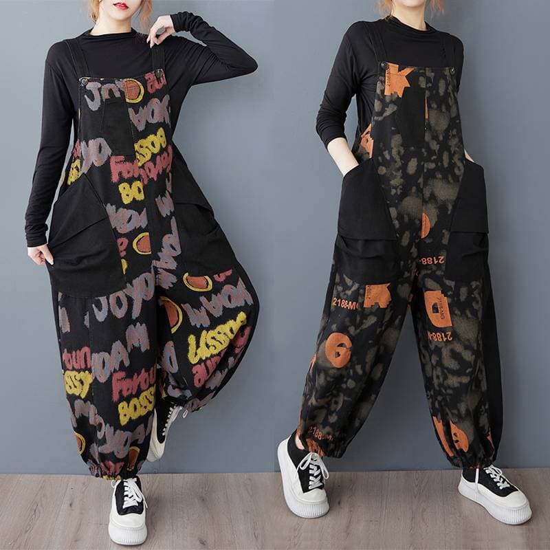 2026 Real Shot Autumn/Winter New Retro Printed Loose Plus Size Large Pocket Color-Block Youthful Design Denim Overall Dress