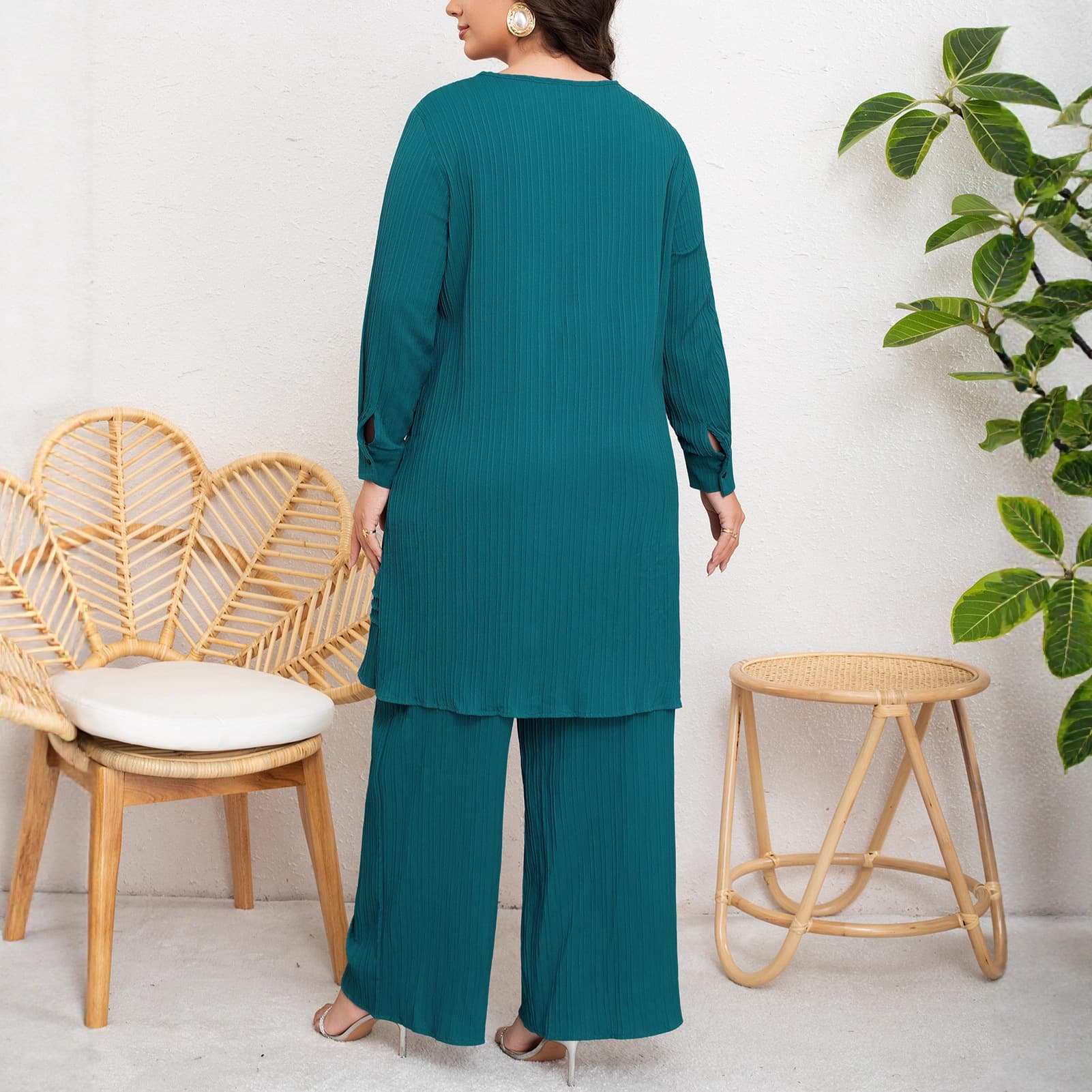 In Stock Plus Size 2025 New Women's Solid Color Two-Piece Set Elegant Long Sleeve Shirt Wide Leg Pants Suit
