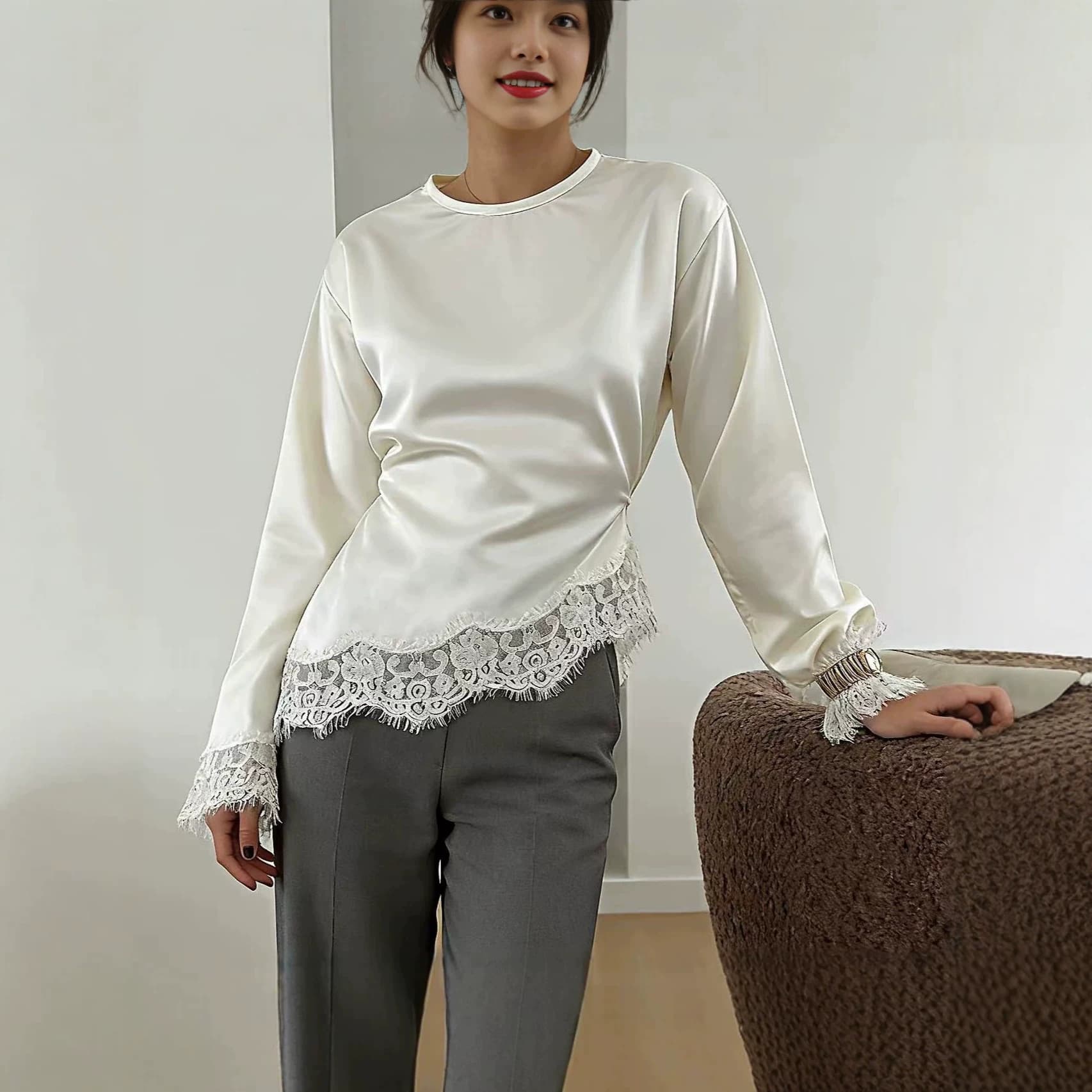 Spot 2026 European and American cross-border style solid color bottoming shirt for women satin lace stitching long-sleeved top with irregular hem