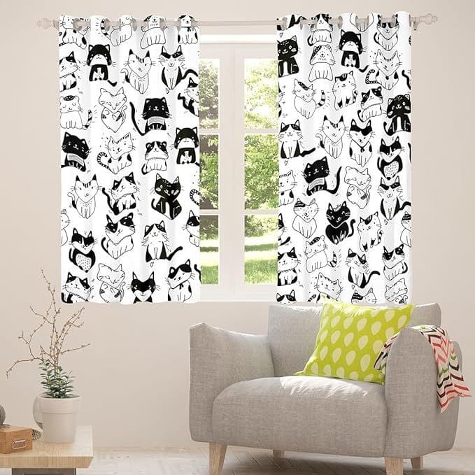 New Cross-Border Pink Cat Cute Graffiti Print Curtain Kitchen Cafe Restaurant Decorative Curtain Valance