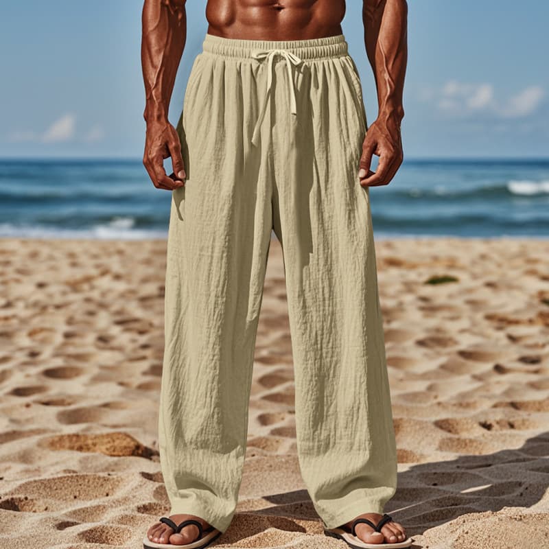Cross-Border Summer Men's New Linen Pocket Drawstring Elastic Waist Comfortable Breathable Trousers Men's Beach Pants Men's Clothing