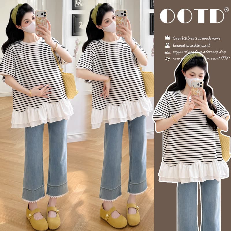 Real shot of 2026 summer versatile new maternity striped loose splicing short-sleeved large size T-shirt doll shirt