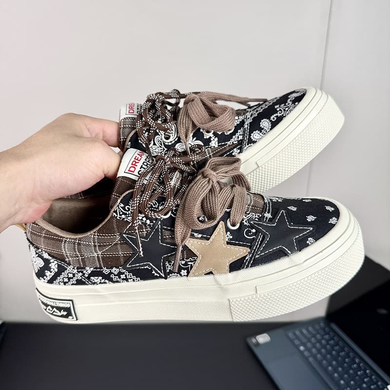 2025 New Style Cashew Flower Pattern Thick Sole Star Canvas Shoes Men, Summer New Men's Shoes Trendy Sneakers Versatile Plimsolls