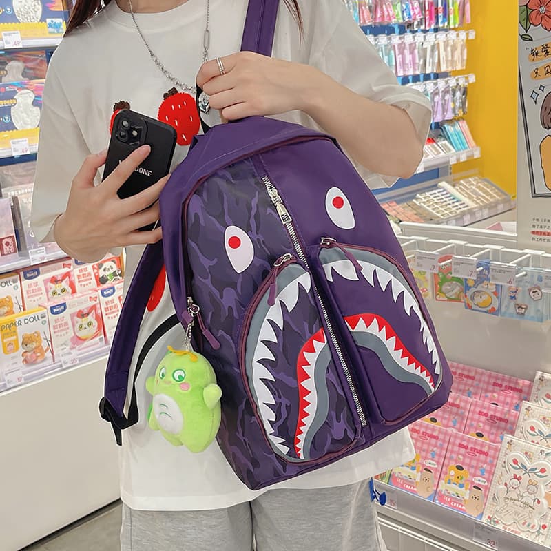 Women's Fashion Simple Shark Graffiti Backpack Middle School High School Students Versatile Large Capacity College Student Schoolbag