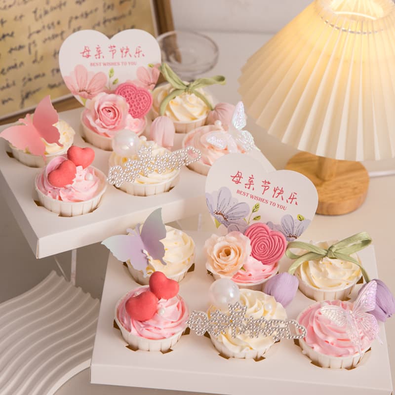 2025 Mother's Day Cupcake Decoration Topper with Artificial Rose and Butterfly Happy Mother's Day Dessert Topper