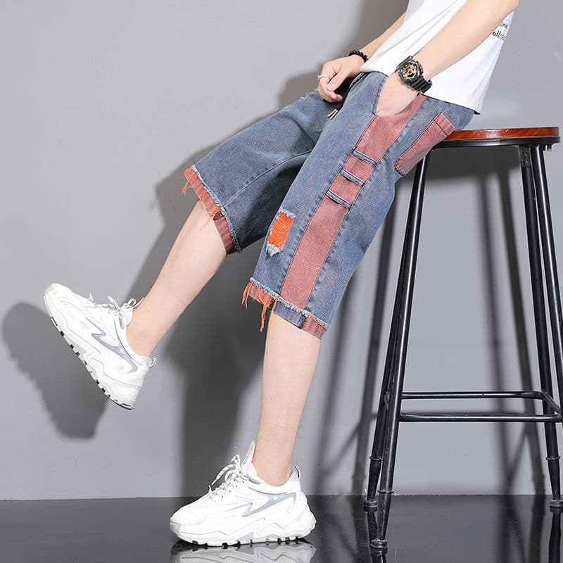Summer Thin Seven-Point Ripped Jeans for Men, Korean Slim Beggar Pants, Trendy Men's Denim Shorts Wearable Outdoors