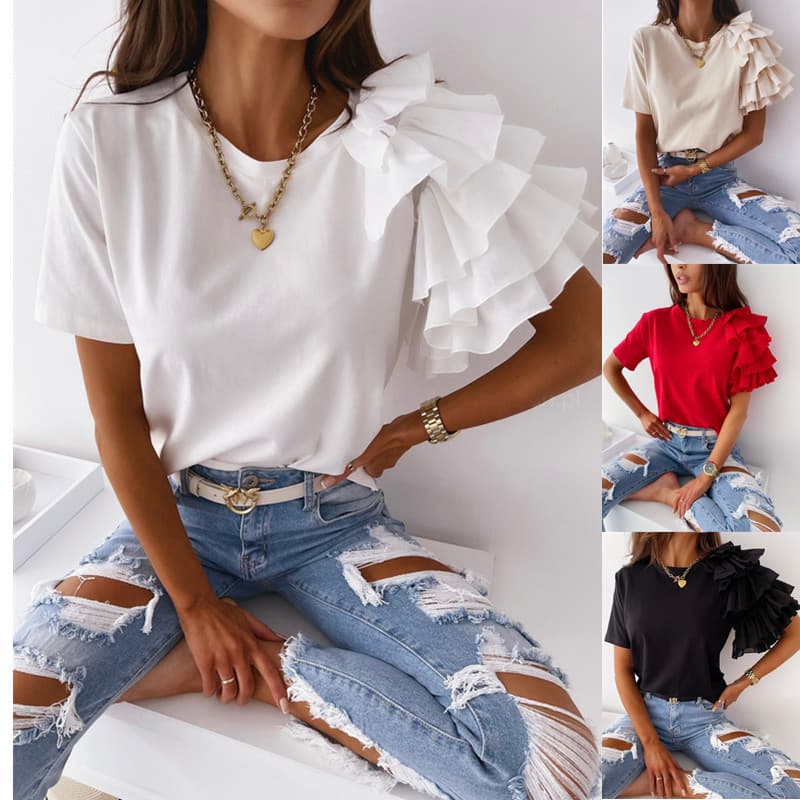 2021 AliExpress Wish Amazon Summer Simple Fashion Ruffle Short Sleeve Round Neck Women's T-Shirt European American Style