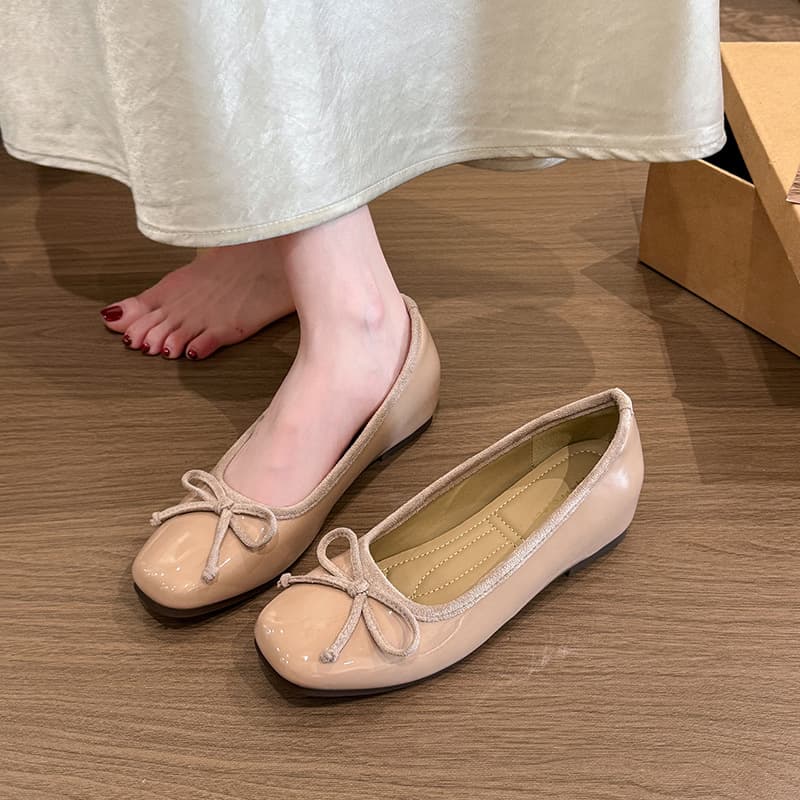 Sheepskin Version ~ Wine Red Bow Mary Jane 2026 New Square Toe Inner Height Increase 5cm Ballet Flat Shoes