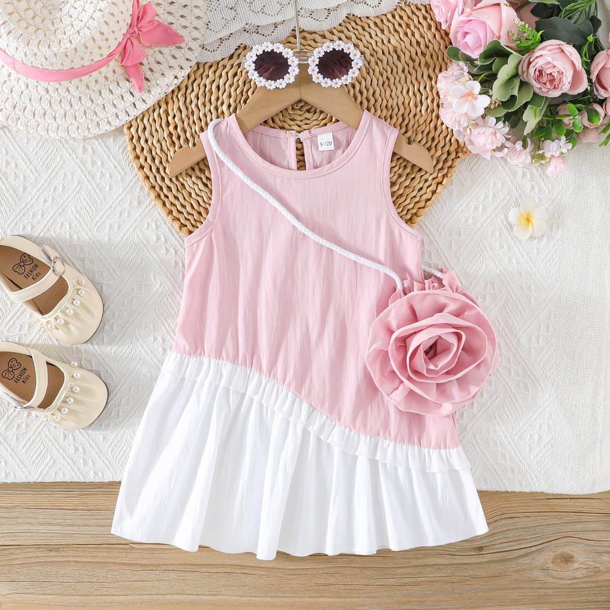 Summer Girls Casual Vest Dress + Pink Large Flower Bag Set for 0-3 Years Baby Girl Dress