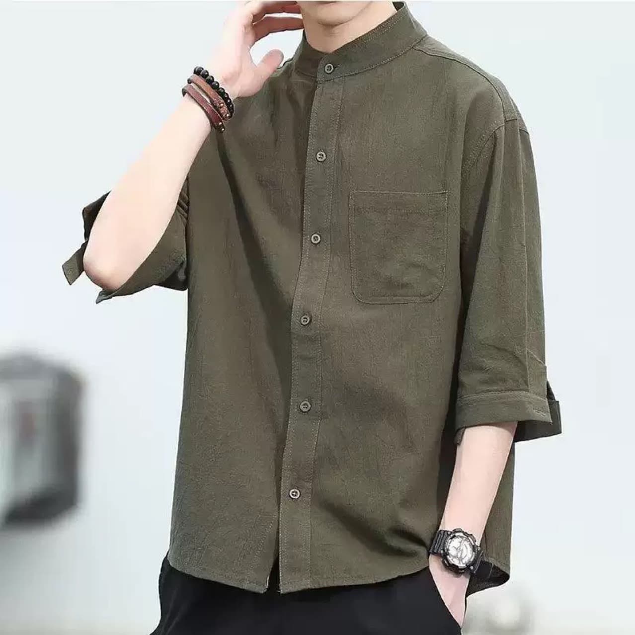 Summer stand-up collar shirt men's cotton and linen three-quarter sleeve shirt Japanese loose light mature men's half-sleeve Korean version trendy casual