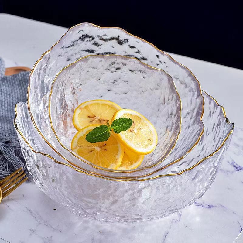 [Three-piece set] Japanese-style gold-rimmed hammered glass fruit bowl, vegetable salad bowl, plate, Nordic-style home creative