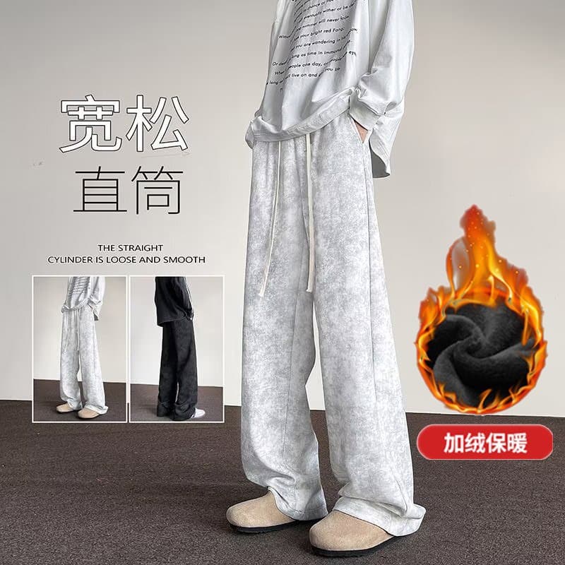 Men's Casual Pants Winter New Fleece-Lined American Streetwear Vintage Tie-Dye Sweatpants Wide-Leg Plus Size Joggers 5XL