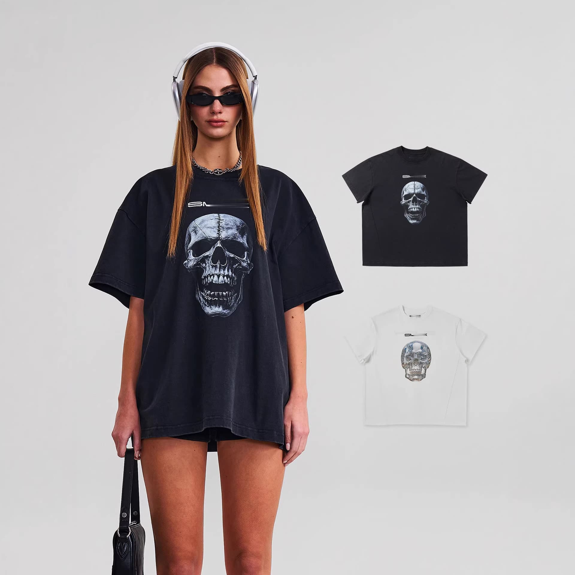 2026 New SK Eternal Statue Giant Tee Black and White Skull Loose Short Sleeve T-Shirt Oversize