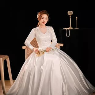 Main Wedding Dress Bride 2026 New Style High Quality Off-Shoulder Satin Long Sleeve Certificate Dress Slimming Floor-Length