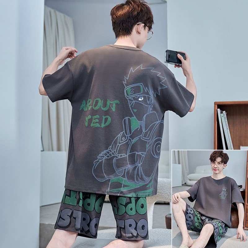 Summer youth short-sleeved cotton pajamas male cartoon boys 17-year-old junior high school students plus size plus size home clothes