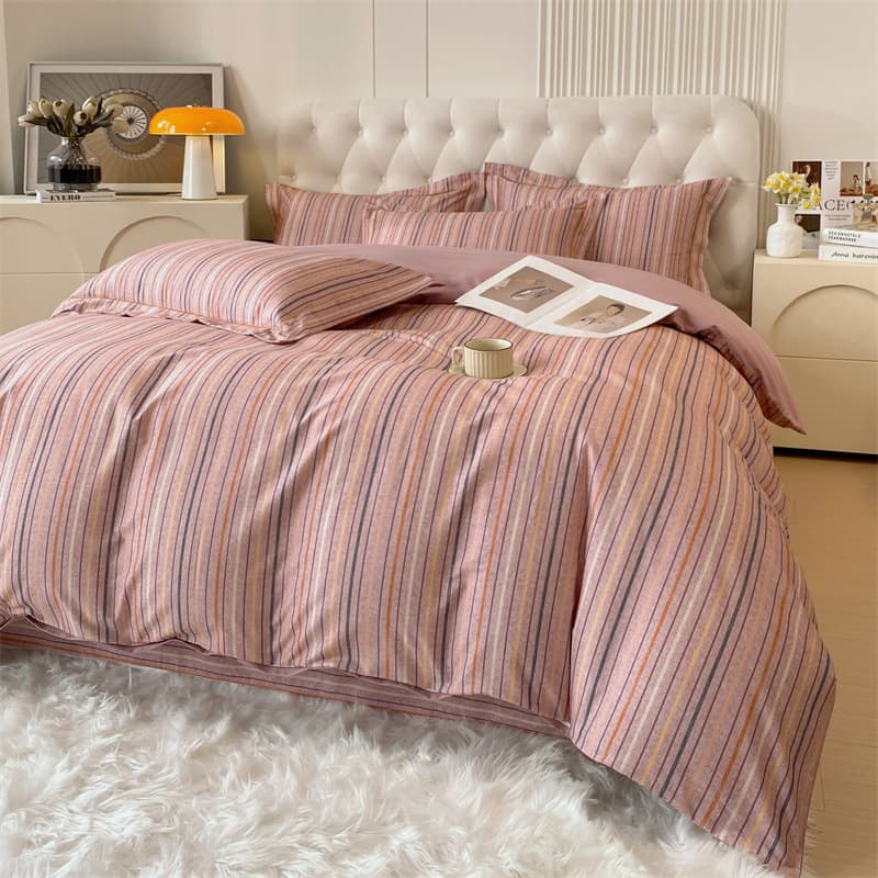 New Autumn/Winter AB Version Floral Stripe Pure Cotton Four-Piece Set, Thick Brushed Flannel Bed Sheet and Duvet Cover Set Wholesale