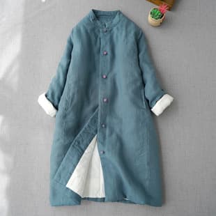 2025 Autumn/Winter Literary Retro Loose Plus Size Women's Linen Lined Stand Collar Frog Button Mid-Length Cotton Coat