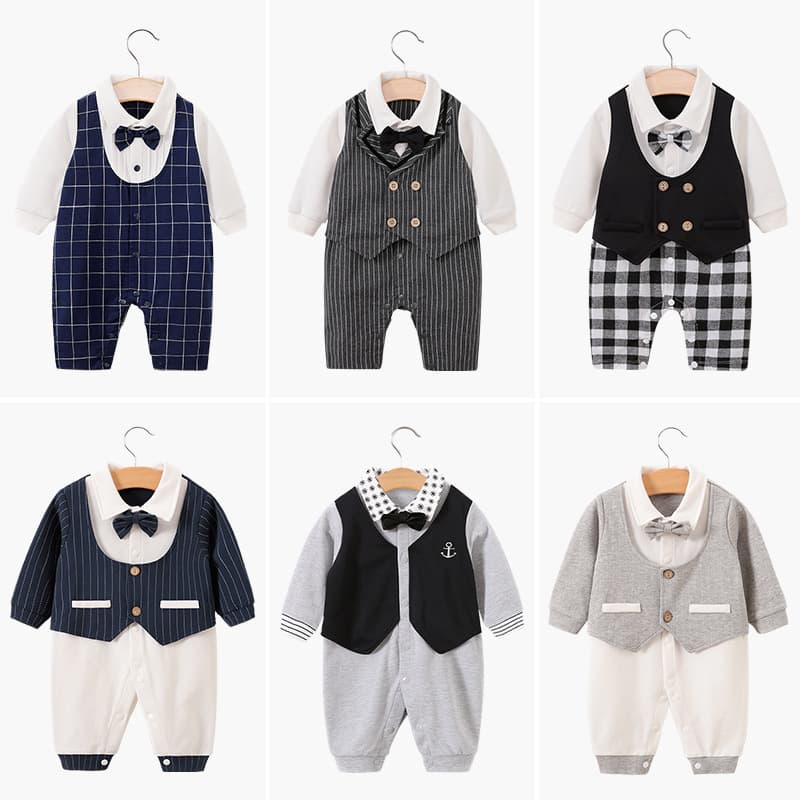 Baby Boy Full Moon Clothes Spring Autumn Gentleman Infant Bodysuit Newborn 100 Day Banquet Suit Fake Two Piece Romper