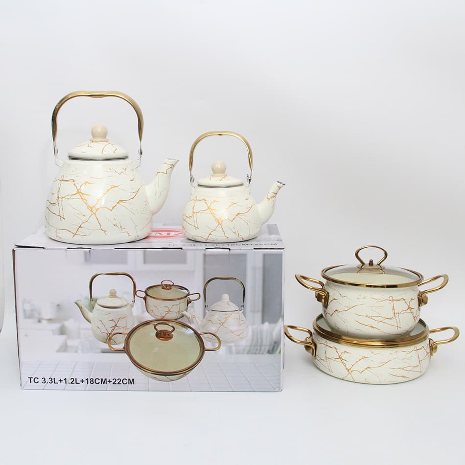 Marble Pattern Enamel Kettle Enamel Teapot Enamel Pot Double Ear Enamel Pot Soup Pot with Lid Set