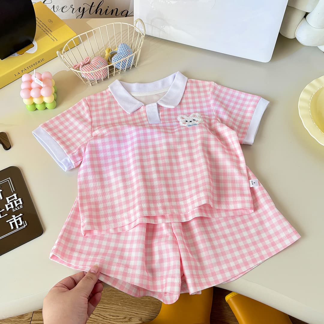 Girls' Two-Piece Plaid Polo Collar Kids' Outfit 2026 Summer Stylish Striped Plaid Casual Children's Clothing Supports Foreign Trade