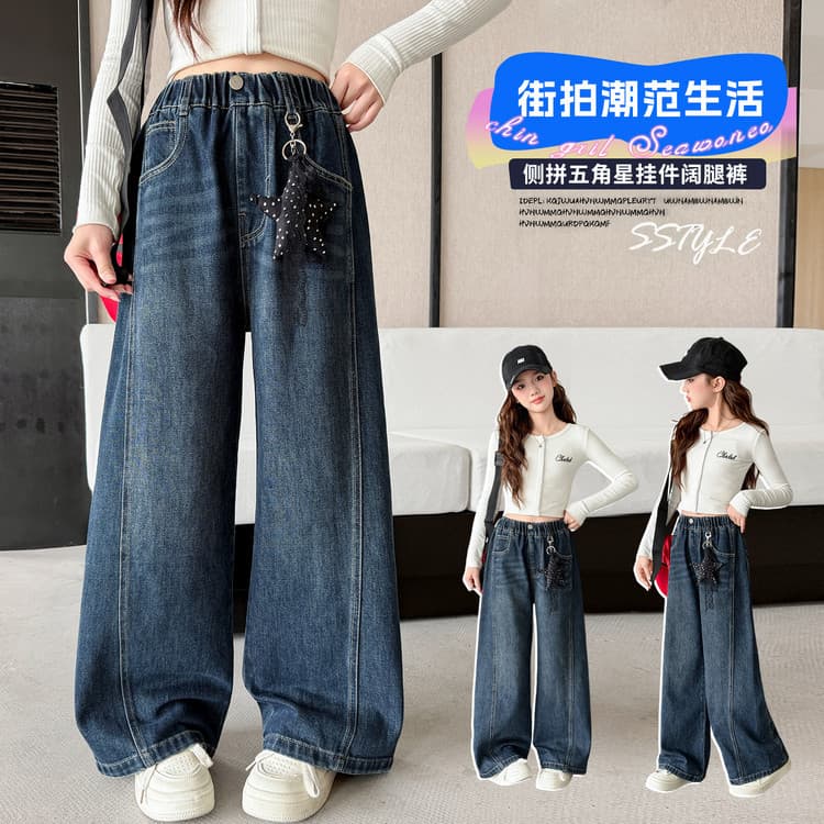 Wholesale Girls Autumn New Style Side Star Pendant Wide-Leg Pants, Big Kids Trendy Loose Slimming Pants