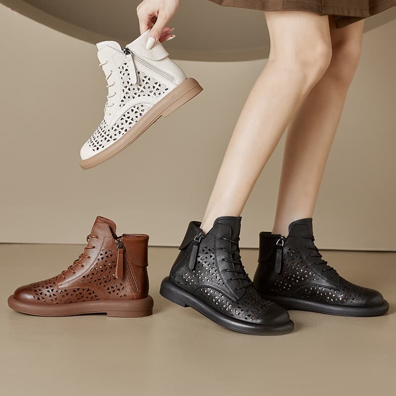 2026 Genuine Leather Hollow Martin Boots Women Korean Style Double Side Zipper Leather Boots Lace Up Thick Sole Casual Shoes Women Boots