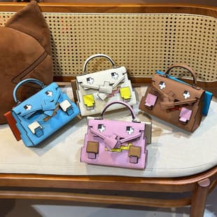 2026 New Genuine Leather Kelly Bag Mosaic Doll Bag Contrast Color Vintage Lock Bag Shoulder Crossbody Handbag for Women