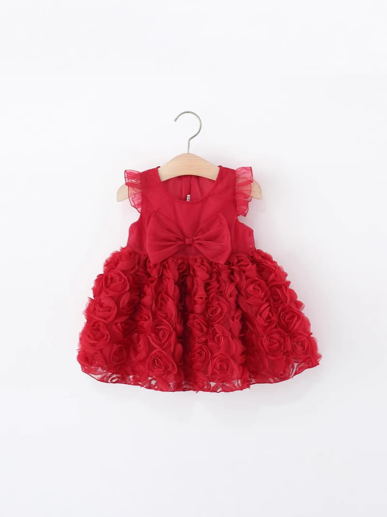 New Summer Export Children's Clothing Wholesale Bow Rose Girl's Flutter-Sleeve Dress Princess Gown