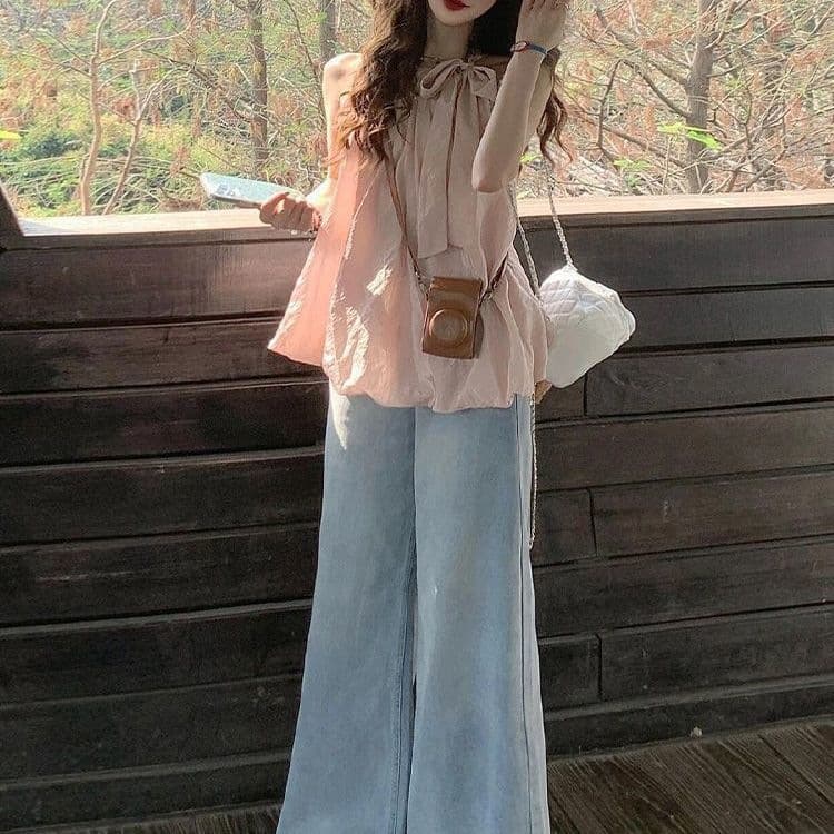 Korean-Style Elegant Floral Hem Sleeveless Halter Top High-Waisted Slimming Wide-Leg Denim Pants Set for Women in Ramie Cotton